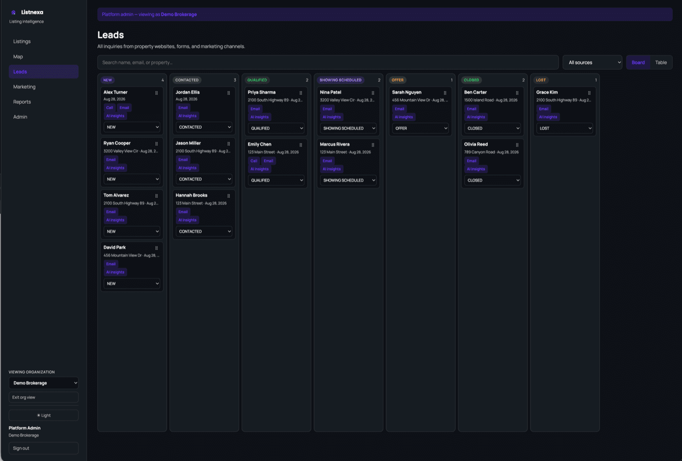 Actual Listnexa lead management view
