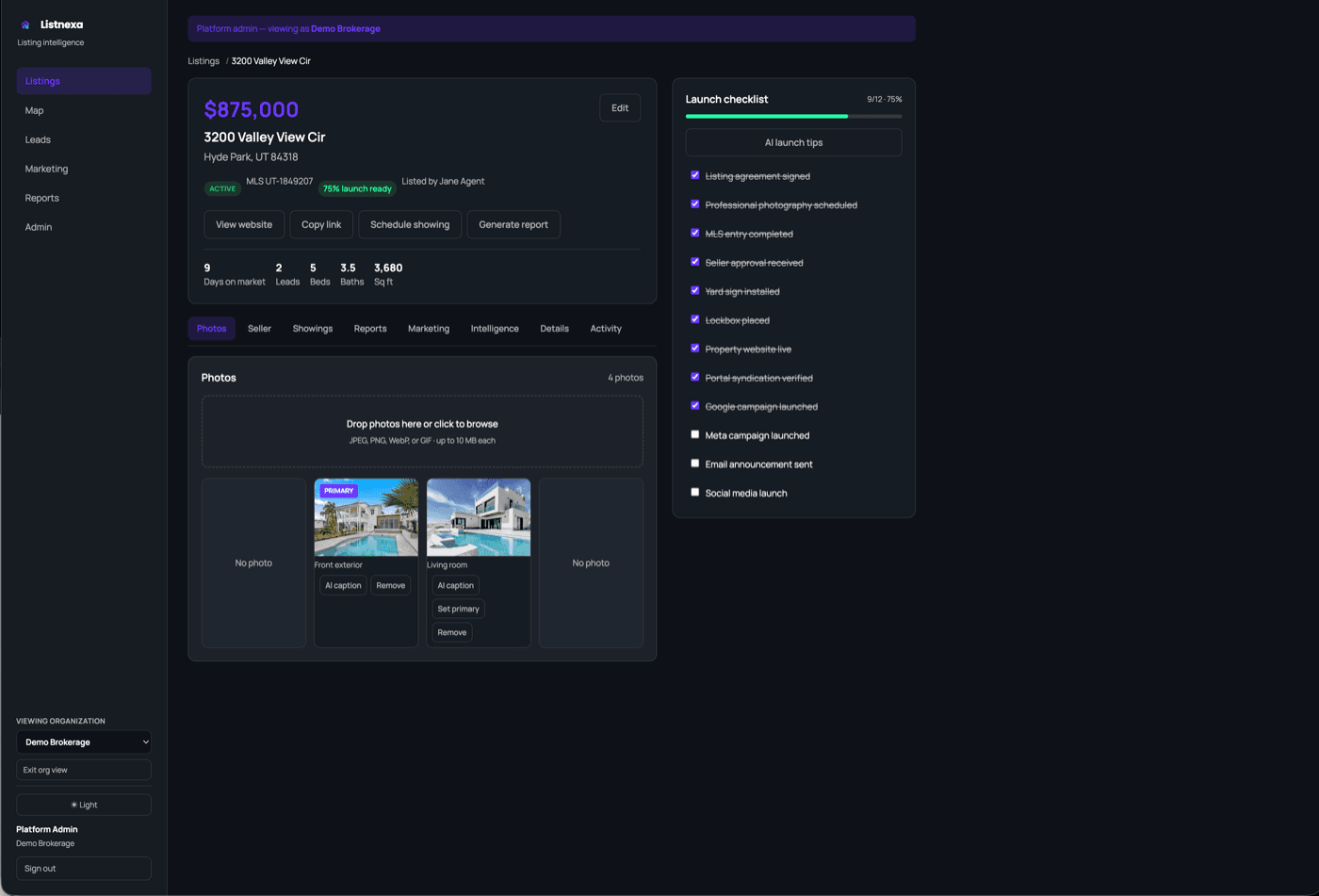 Actual Listnexa listing workspace