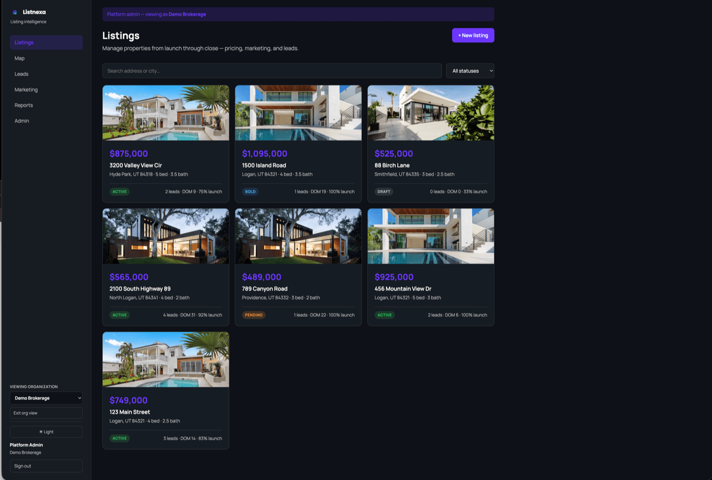 Listnexa listings dashboard